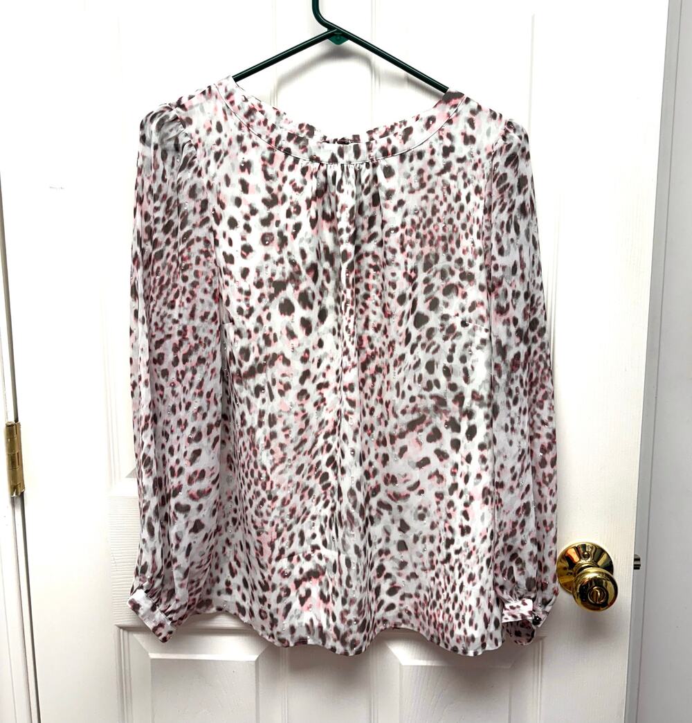 Talbots Blouse, Sheer White Lined, Black Pink Silver, Spots, Women's Size LP